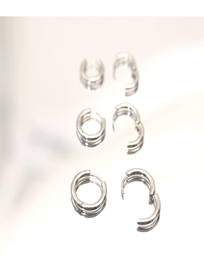 BLISI 3 Pairs ASTM F136 Titanium Silver Hoop Earrings 8mm/10mm/12mm Thick Lightweight Huggie Hoops Earrings for Women Hypoallergenic Sleeper Earrings for Sensitive Ears - Image 5